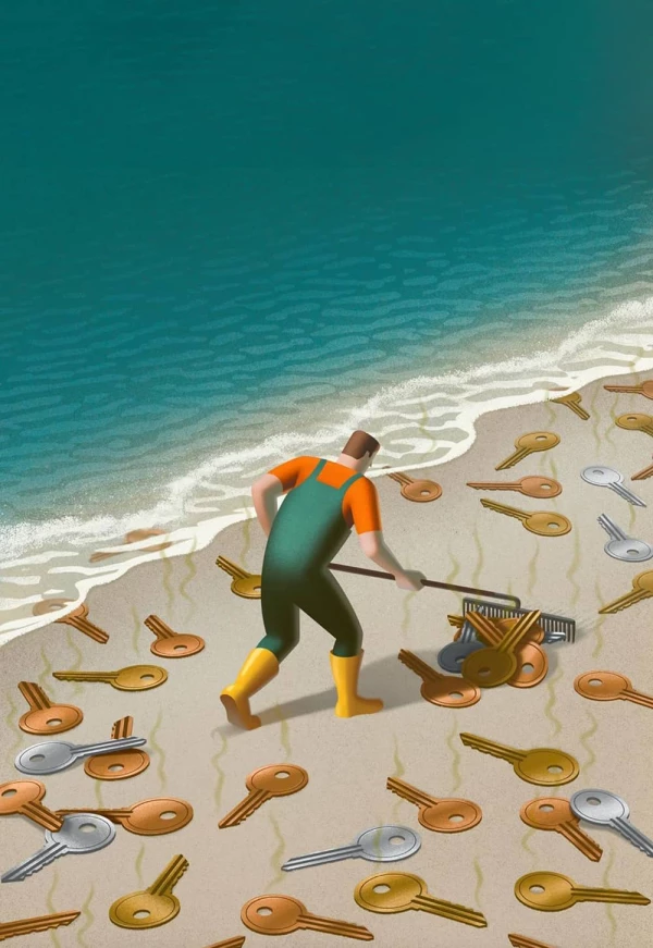 Illustration of a man on a beach raking up large keys that are scattered on the sand.. Illustration by Jon Krause, Conceptual, 