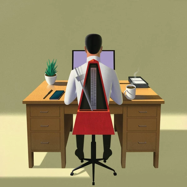 Illustration of an man working at an office desk, and the back of his chair is a metronome.