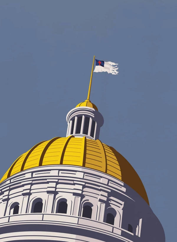 Illustration of a domed building with a flagpole flying a tattered flag