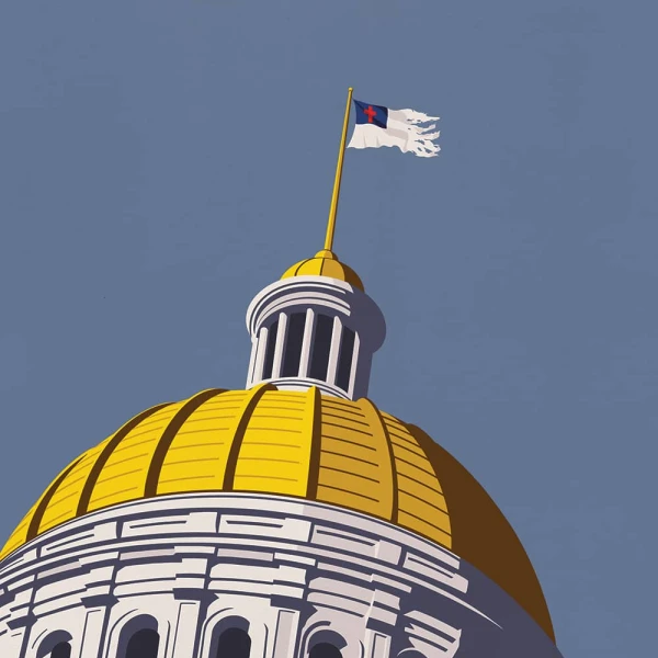 Illustration of a domed building with a flagpole flying a tattered flag