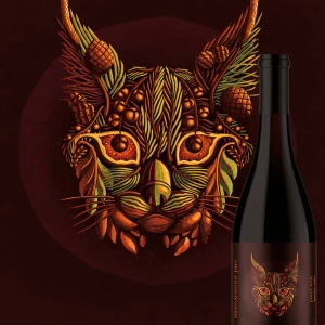 An illustrated wine label where a lynx is created out of pine needles, pine cones, acorns etc. Illustration by Julia Kerschbaumer, Conceptual, 