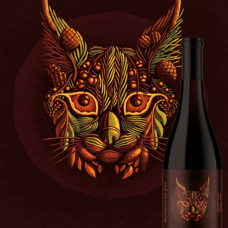 An illustrated wine label where a lynx is created out of pine needles, pine cones, acorns etc. Illustration by Julia Kerschbaumer, Conceptual, 