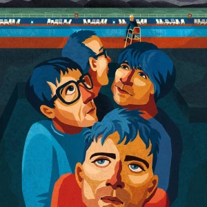 Illustration of the music band Blur standing in front of a pool under dark skies.. Illustration by Julia Kerschbaumer, Portrait, 