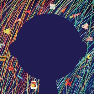 Illustration of a child's head silhouette against vibrant lines of color and floating objects.. Illustration by Julien Chung, Children, Whimsical, 