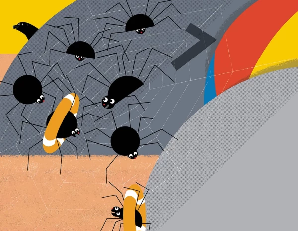 Illustration of seven spiders at the beach, two of them are wearing floaties