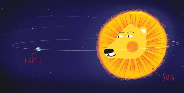 Illustration of a lion as the sun and earth orbitting.