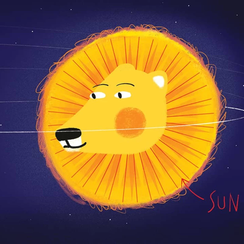 Illustration of a lion as the sun and earth orbitting.. Illustration by Julien Chung, Children, Whimsical, 