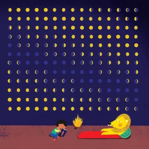 Illustration of a lion on a sleeping bag in front of a huge wall showing the phases of the moon. A child is reading him a book.. Illustration by Julien Chung, Children, Whimsical, 