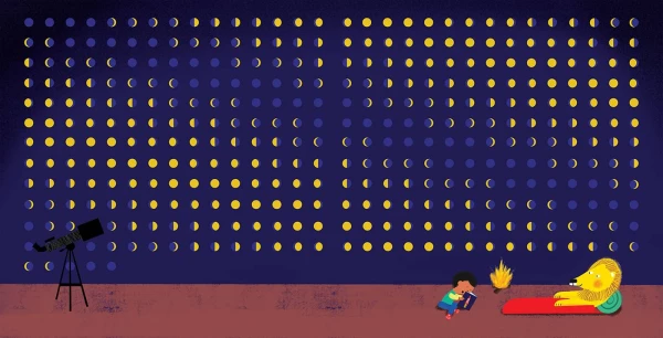 Illustration of a lion on a sleeping bag in front of a huge wall showing the phases of the moon. A child is reading him a book.