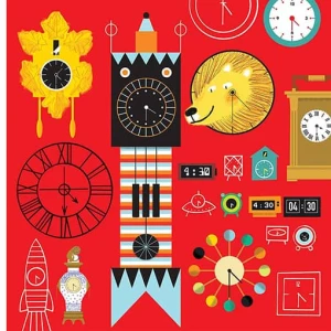 Illustratin of a child wearing a watch standing in front of wall full of different clocks.. Illustration by Julien Chung, Children, Whimsical, 