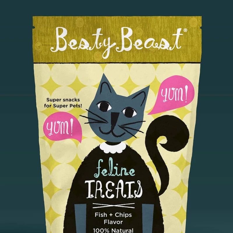 Image of illustrated packaging for Besty Beast. An illustrated cat says 'yum yum'. Illustration by Karen Greenberg, Whimsical, 