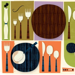 Graphic illustration of tableware. Illustration by Karen Greenberg, Lifestyle, 