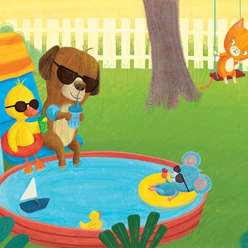 Illustration of a dog, cat, duck and mouse chilling out by a kiddie pool.. Illustration by Katherine Mazeika, Children, Whimsical, 