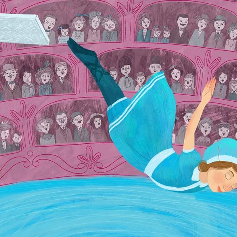 Illustration of a Victorian era woman in an old-fashioned swimsuit jumping off a diving board in front of a large theater audience. Illustration by Katherine Mazeika, Whimsical, 