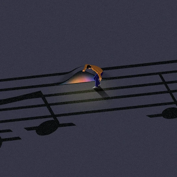 Illustration of musical notes on a page and a person is lifting one of the lines to see something glowing underneath