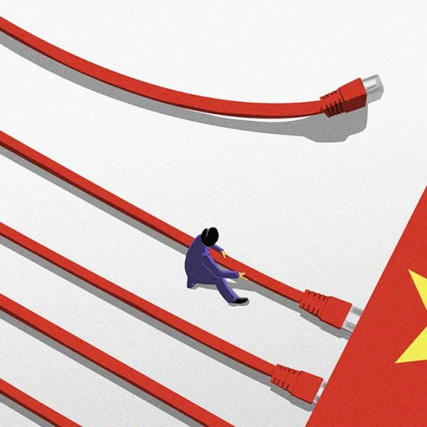 Illustration of a person unplugging ethernet cords that connect the US flag to the Chinese flag.