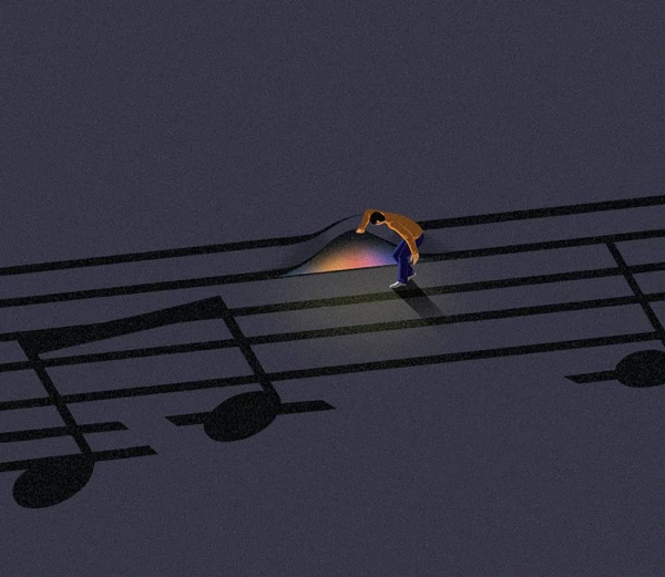 Illustration of musical notes on a page and a person is lifting one of the lines to see something glowing underneath