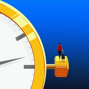 Illustration of a large stopwatch with a person dragging suitcase walking on the windup knob. Illustration by Keith Lee, Conceptual, Lifestyle, 