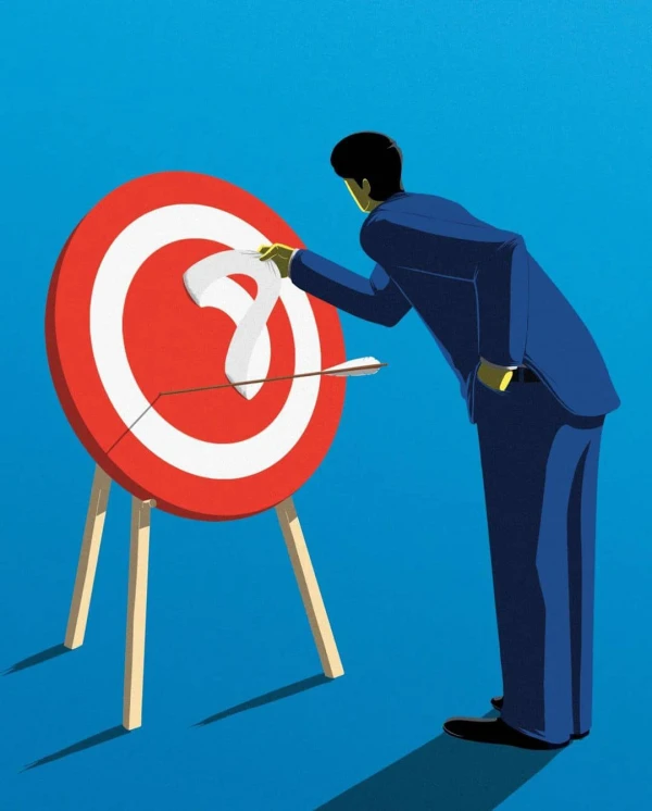 Graphic illustration of a man in a suit is standing in front of an archery target. He is peeling off one of the white rings of the target.