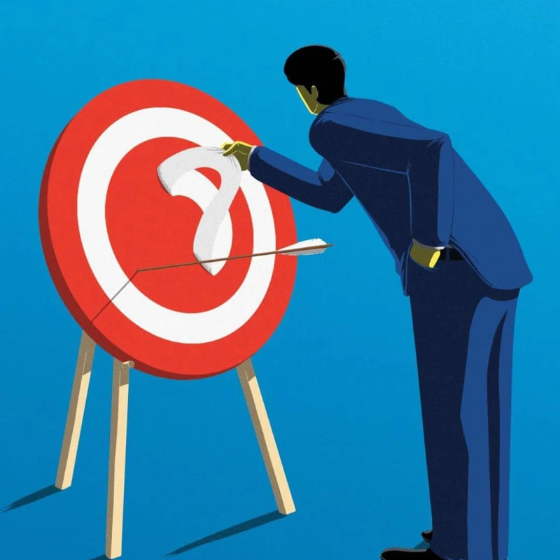 Graphic illustration of a man in a suit is standing in front of an archery target. He is peeling off one of the white rings of the target.. Illustration by Keith Lee, Conceptual, Business, 