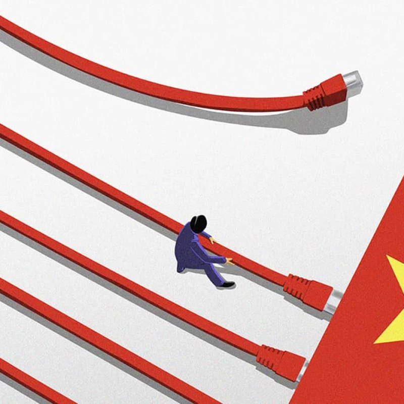 Illustration of a person unplugging ethernet cords that connect the US flag to the Chinese flag.. Illustration by Keith Lee, Conceptual, Business, 