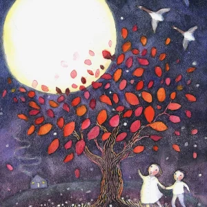 Whimsical illustration of two children looking at a giant moon behind a tree. Illustration by Kristina Swarner, Children, Nature, 