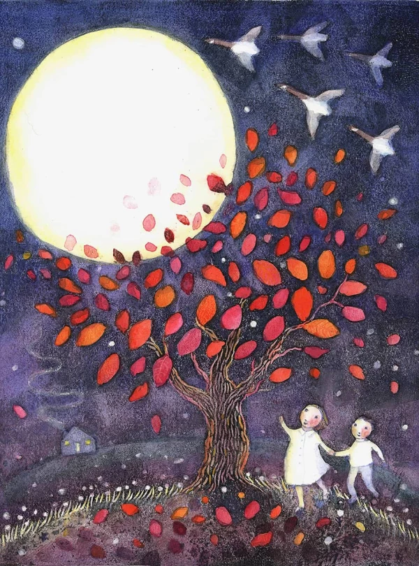 Whimsical illustration of two children looking at a giant moon behind a tree