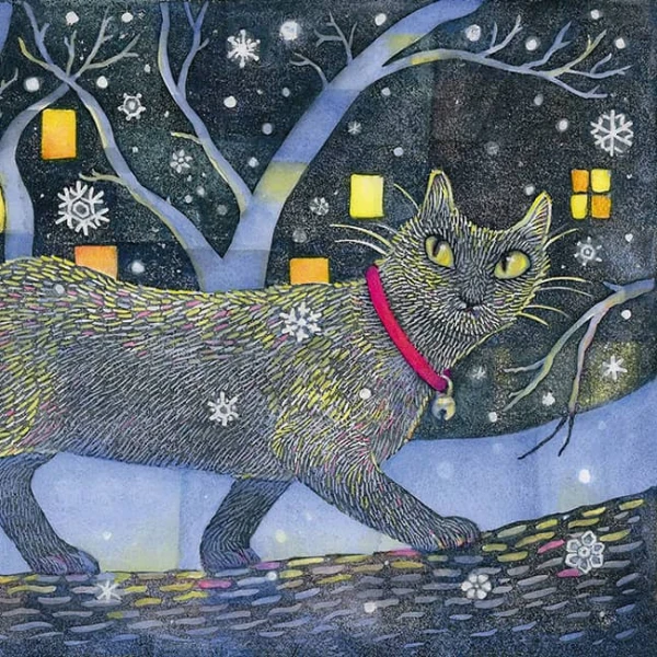 Whimisical illustration of a cat walking out in the snow