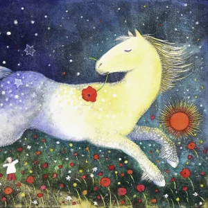 Whimsical illustration of a horse running with a poppy in his mouth. Illustration by Kristina Swarner, Children, Whimsical, Fantasy, 