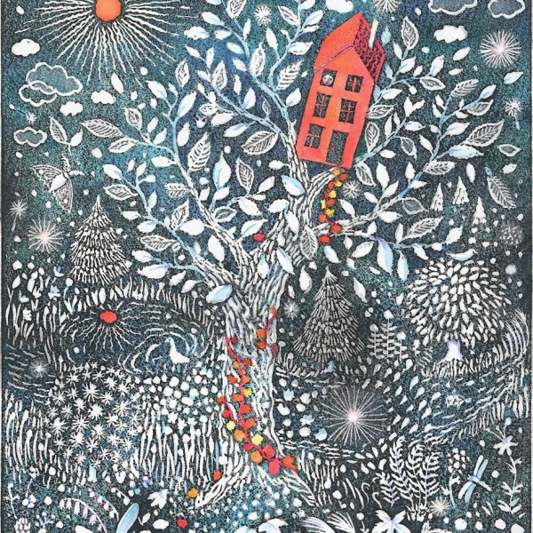 Fantasical illustration of a red house among nature