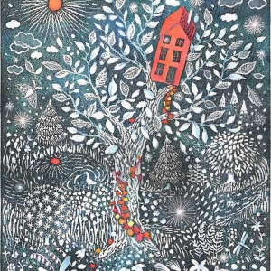 Fantasical illustration of a red house among nature. Illustration by Kristina Swarner, Fantasy, Nature, 