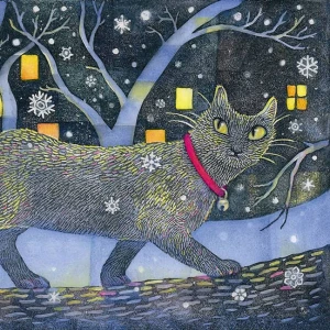 Whimisical illustration of a cat walking out in the snow. Illustration by Kristina Swarner, Whimsical, Children, 