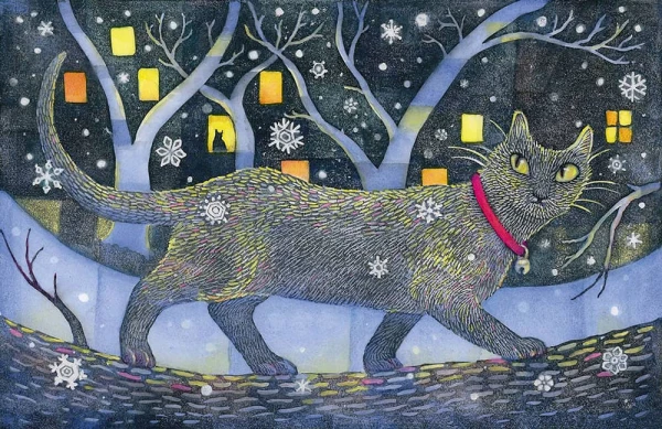 Whimisical illustration of a cat walking out in the snow