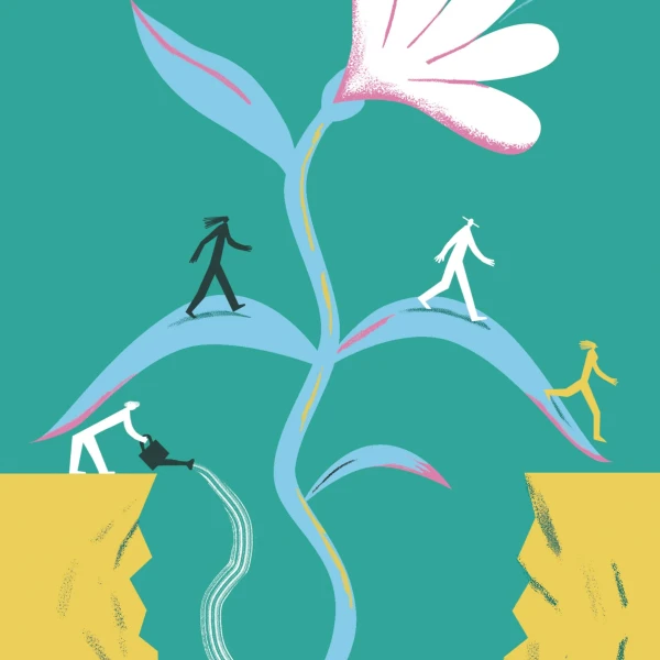 Illustration of a large flower that grows between two cliffs, allowing people to walk across on their leaves