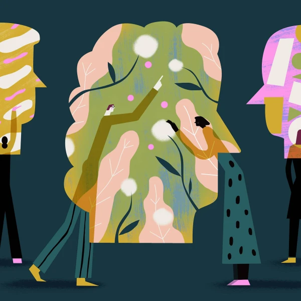 Illustration of 3 large heads filled with different shapes and people entering the heads reacting to the shapes.