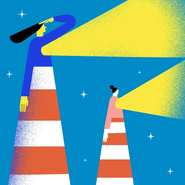 Graphic illustration of two women shaped like lighthouses, emitting light