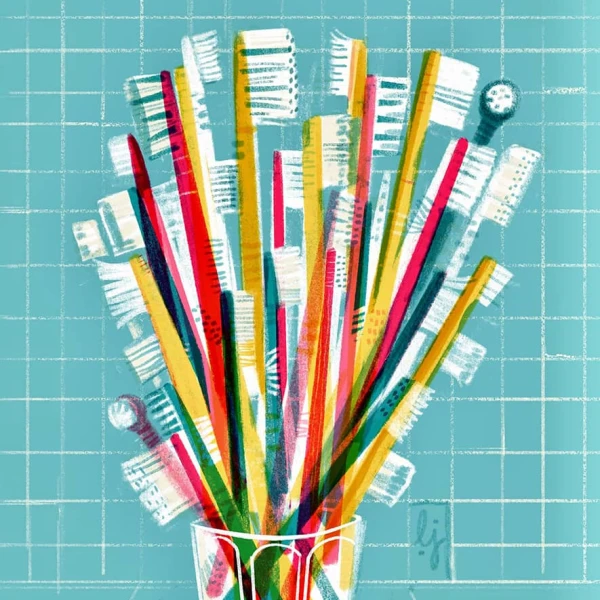 Illustration of a glass overflowing with many toothbrushes.