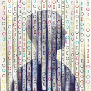 Illustration of a silhouetted figure behind a curtain of strips decorated with simple shapes.. Illustration by Luisa Jung, Conceptual, 