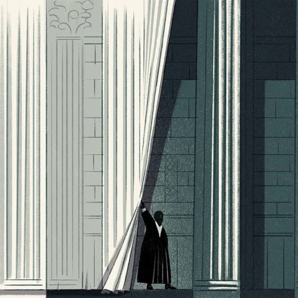 Illustration of a courthouse with a judge pulling back the curtain