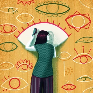 Illustration of a woman combing her hair in front an eye-shaped mirror that is hanging on a wall that is painted with different shaped eyes.. Illustration by Luisa Jung, Conceptual, Figurative, 