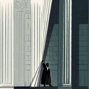 Illustration of a courthouse with a judge pulling back the curtain. Illustration by Luisa Jung, Conceptual, 