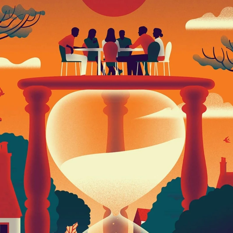 Illustration of a giant hourglass in middle of a neighborhood and on top there is a group of people seated at a table.. Illustration by Neil Webb, Conceptual, 