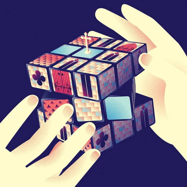 Graphic image of a Rubik's cube with images of a church on each section.