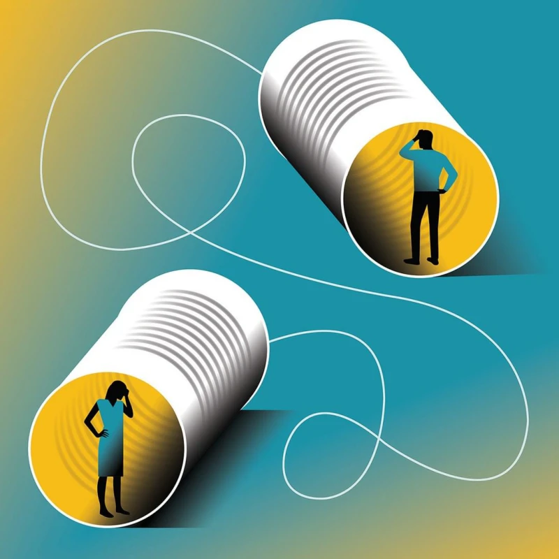 Graphic illustration of two cans tied with strings and a man and woman are standing in each can looking frustrated. Illustration by Neil Webb, Conceptual, 