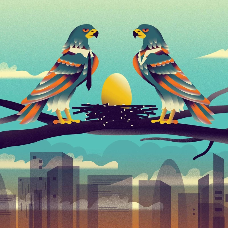 Graphic image of 2 hawks wearing business attire, watching over an egg in a nest.. Illustration by Neil Webb, Business, 