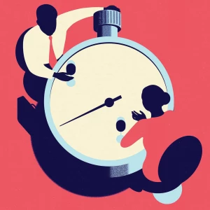 Graphic image of two people sitting at an enormous stopwatch. Illustration by Neil Webb, Business, Conceptual, 