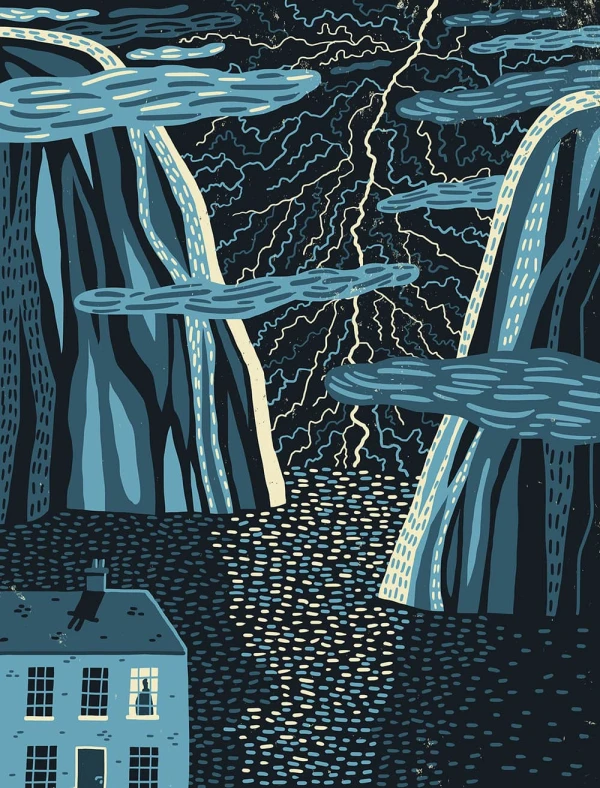 Graphic illustration of a lightning strike between mountains. There is a house in the foreground with a person looking out the window.. Illustration by Øivind Hovland, Decorative, Nature, 