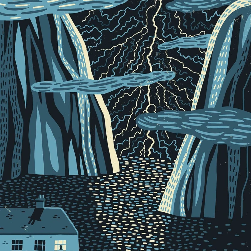 Graphic illustration of a lightning strike between mountains. There is a house in the foreground with a person looking out the window.. Illustration by Øivind Hovland, Decorative, Nature, 