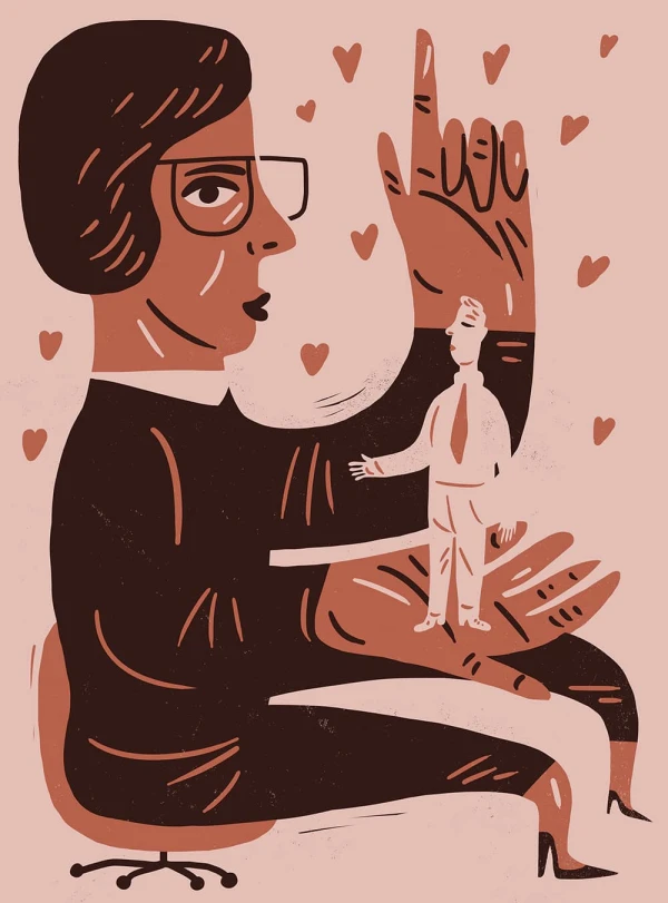 Graphic illustration of a woman pointing her finger and in her other hand is holding a small man in her hand.. Illustration by Øivind Hovland, Conceptual, 