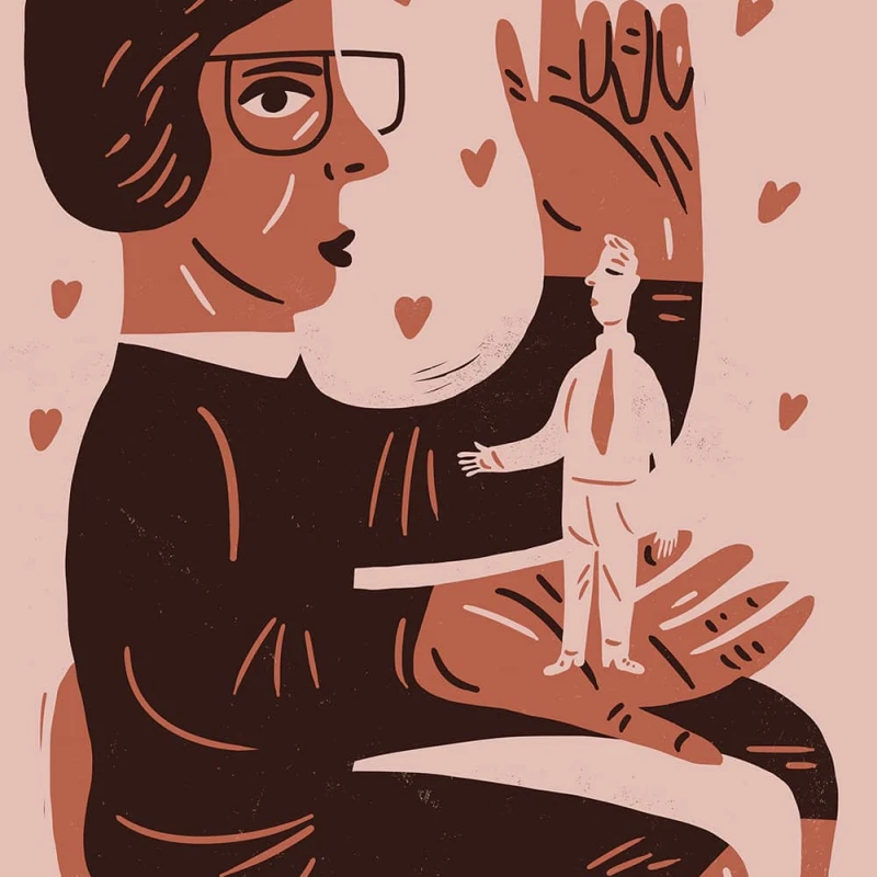 Graphic illustration of a woman pointing her finger and in her other hand is holding a small man in her hand.. Illustration by Øivind Hovland, Conceptual, 